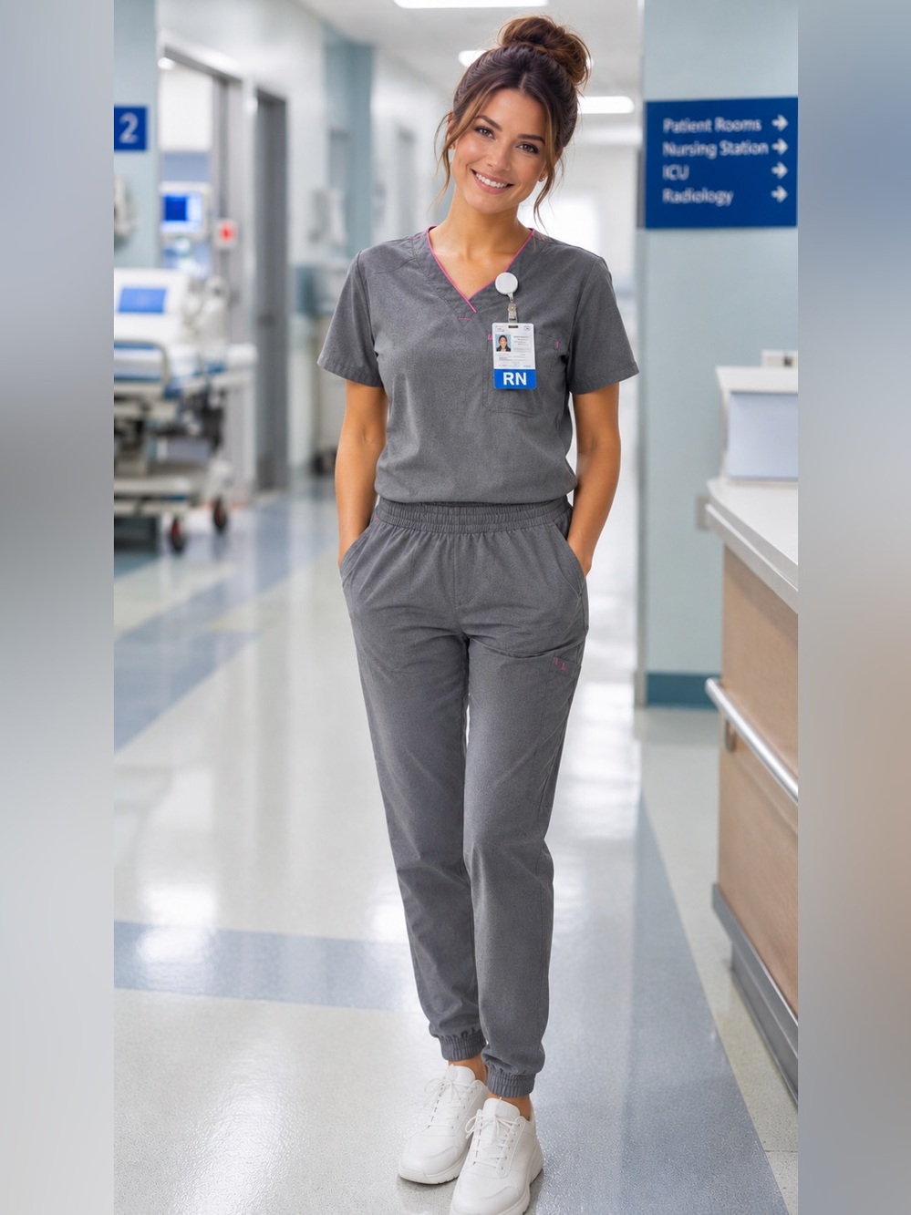 Scrubstar Grey Jogger Scrub Set with Pink Trim